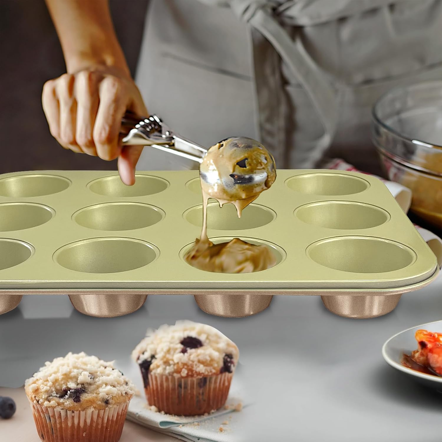 Nonstick Bakeware Set 10 Pcs, Professional Kitchen Bicolor Baking Pans Set with Cookie Sheets, Muffin Pan, Loaf Pan, Cake Pan and Cooling Rack, Dishwasher Safe, 0.8mm Thick, Heavy Duty - Image 4