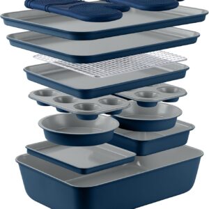 Country Kitchen Nonstick Stackable Bakeware Set – Durable, Easy Release Baking Set, Denim, 13 Pcs