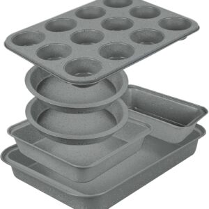 Non Stick Baking Pans Set, Bakeware Sets Stackable for Kitchen with Wider Grips, Oven Safe, Sprinkles Gray, 6 Piece Baking Set with Marble Coating, Round/Square/Muffin Cake Pan