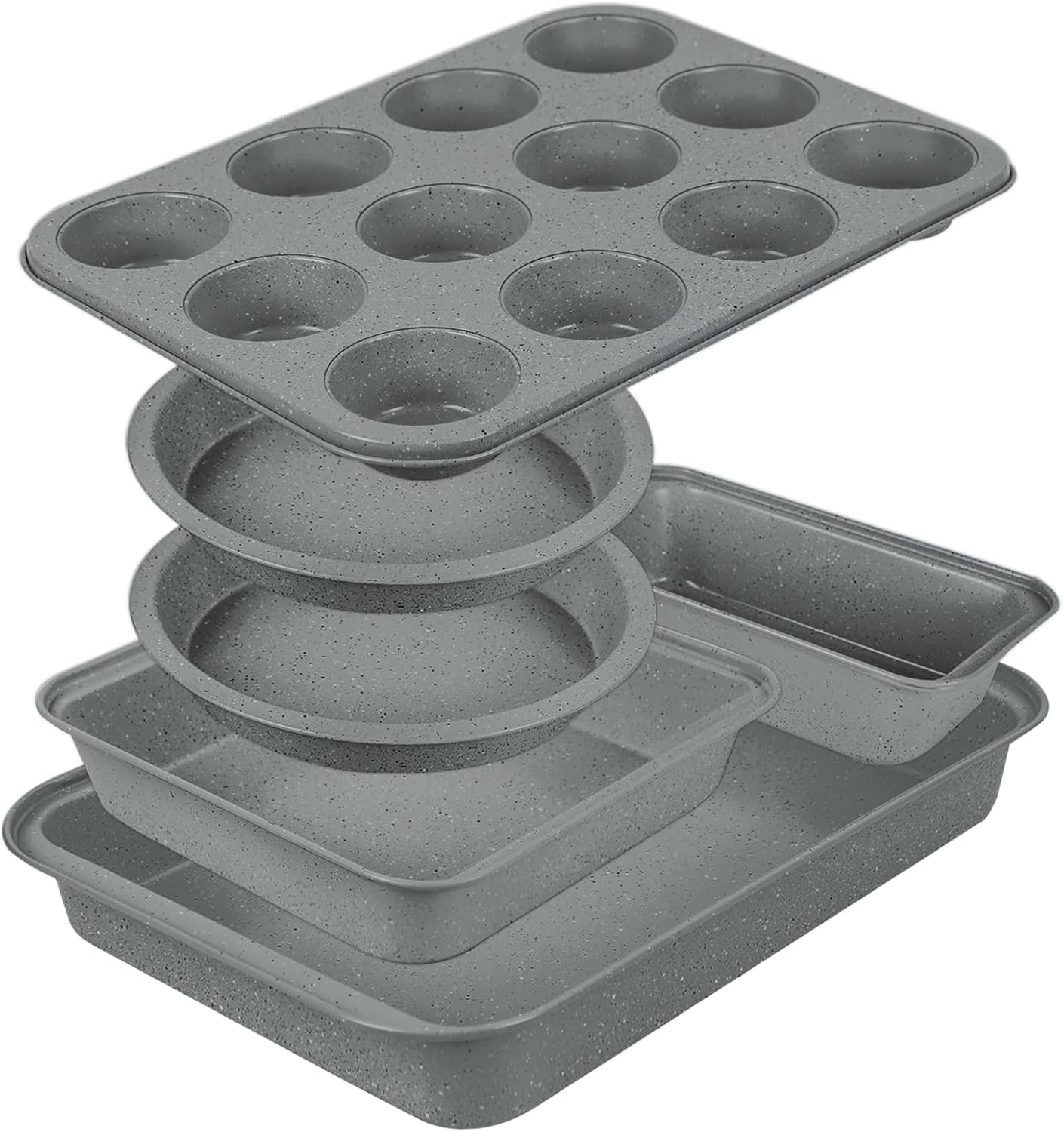 Non Stick Baking Pans Set, Bakeware Sets Stackable for Kitchen with Wider Grips, Oven Safe, Sprinkles Gray, 6 Piece Baking Set with Marble Coating, Round/Square/Muffin Cake Pan