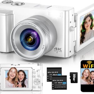 4K Digital Camera for Photography Autofocus, 64MP WiFi Vlogging Camera for YouTube with 2 Batteries, SD Card, 3″ 180°Flip Screen Selfie Compact Travel Camera for Teens with 16X Zoom, Anti-Shake, White