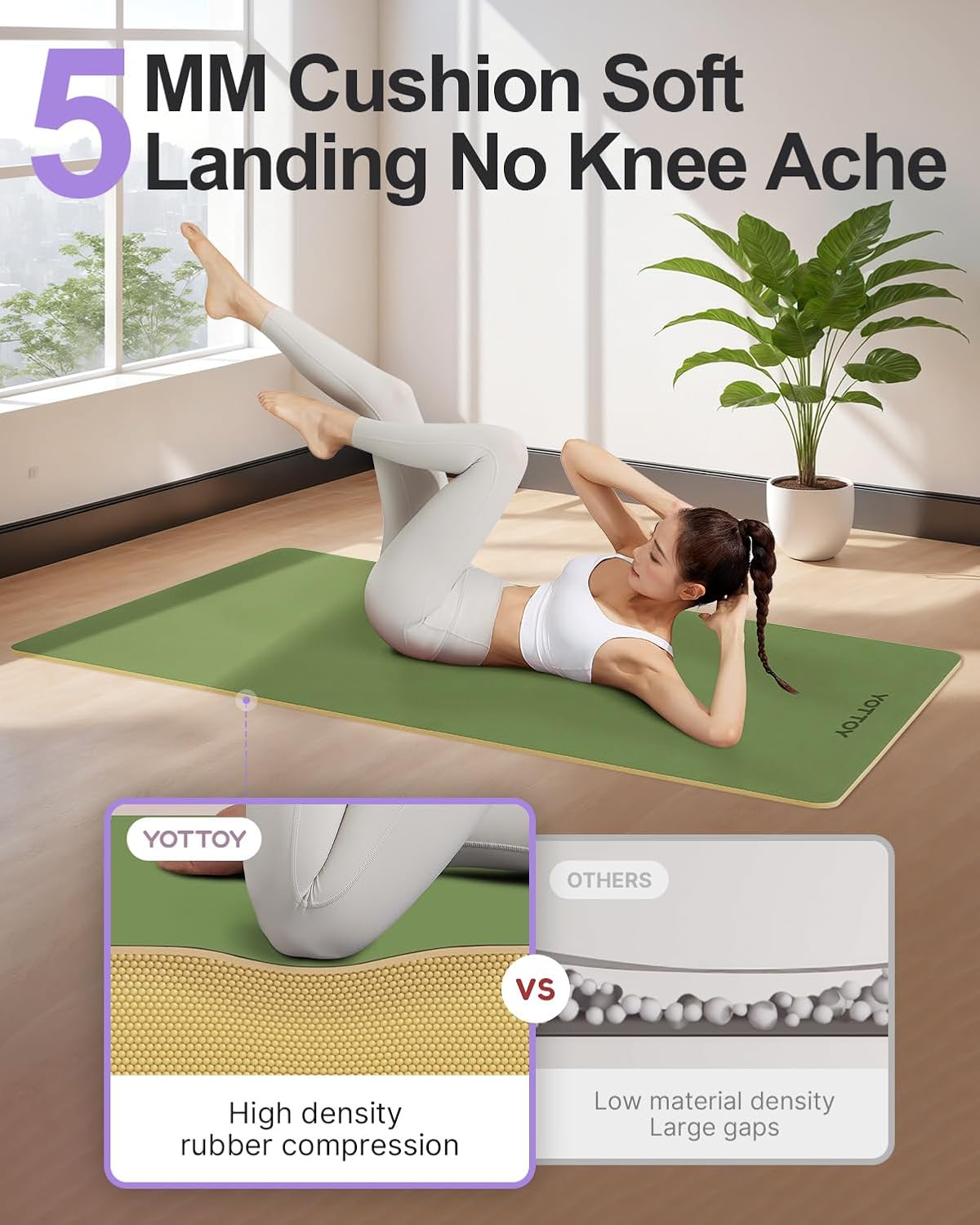 YOTTOY Yoga Mat,Non-Slip Hot Yoga Mat with Anti-Tear Design and Friendly Natural Rubber Mat with Strap and Bag - Image 5