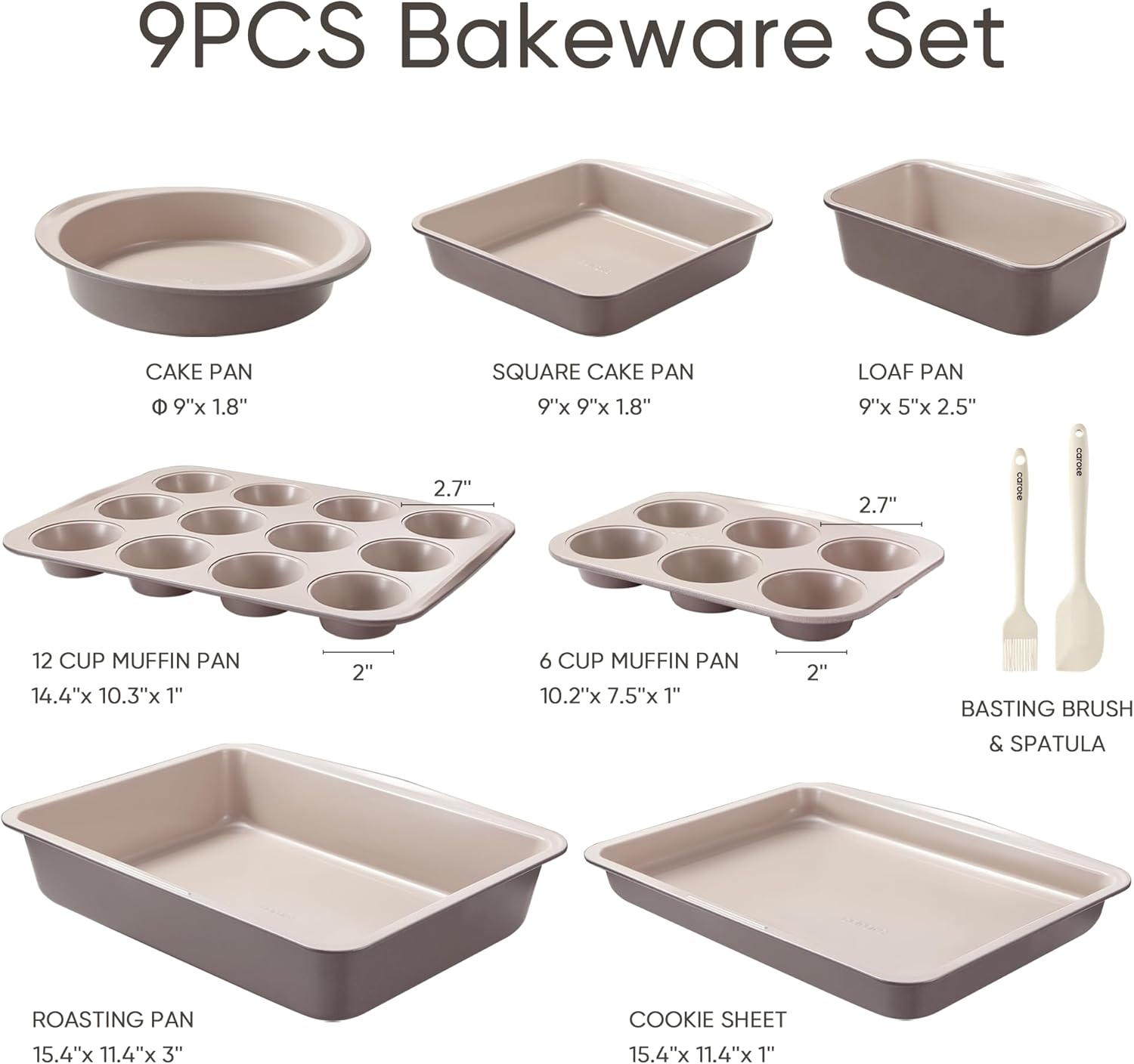 CAROTE 9-Piece Nonstick Stackable Baking Pans Set - Bakeware Sets Including Cookie Sheets, Muffin Pan, Bread Pan, Cake Pan, Loaf Pan, Roasting Pan, Gray & Khaki - Image 2