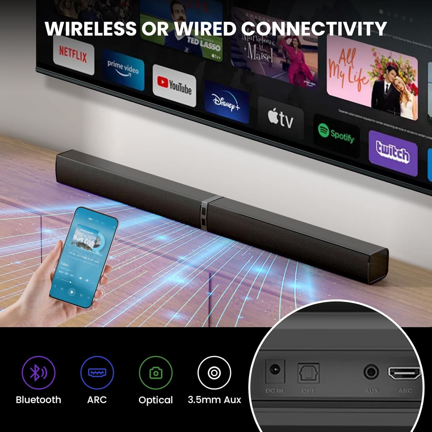 MZEIBO Sound Bar for Smart TV,80W Detachable Bluetooth Soundbar with Powerful Bass, 2-in-1 Home Theater Audio System, ARC/Optical/AUX Connectivity for TV/PC/Laptop/Game Console - Image 7