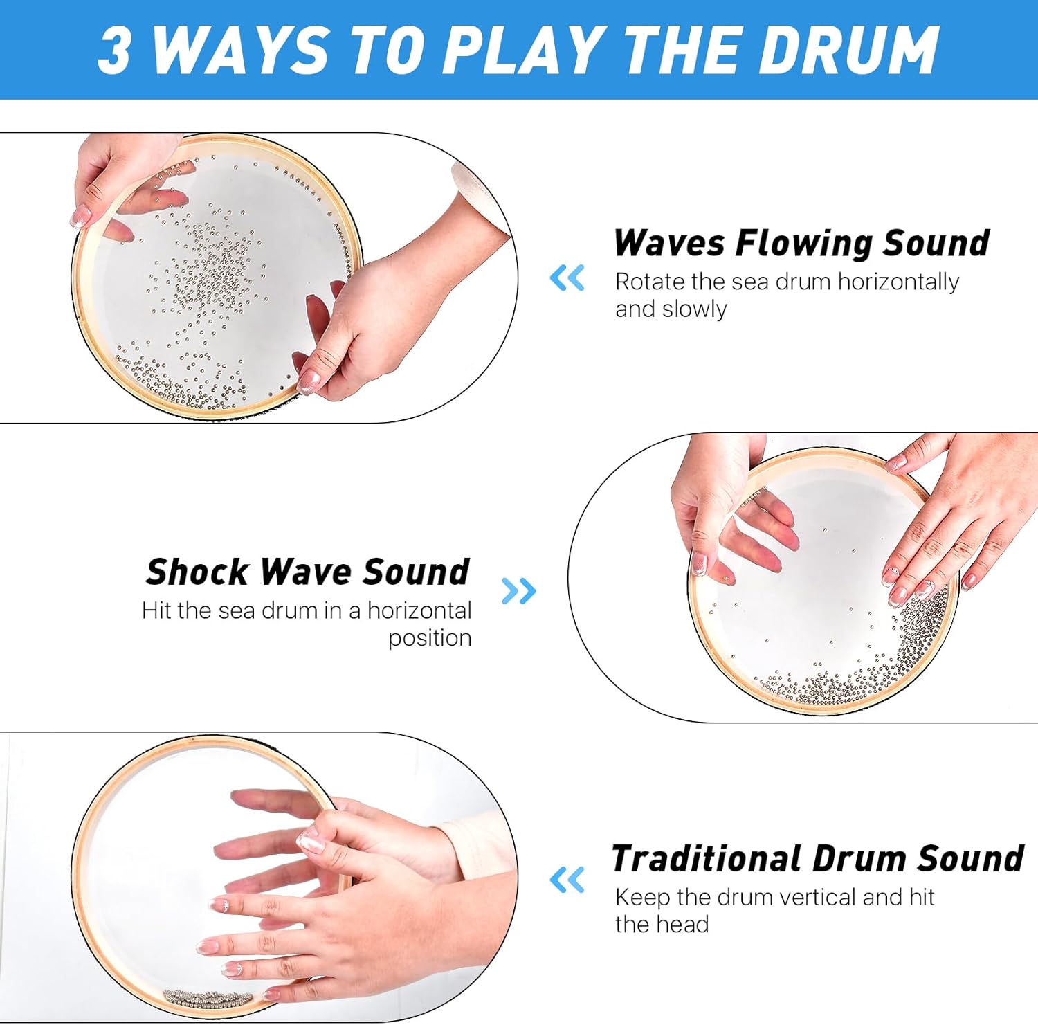 8 Inch 10 Inch Sea Wave Sound Drum, 2 Pcs Wave Bead Ocean Drum Sea Sound Drum with Wooden Shell Musical Instrument Percussion for Home School Supplies - Image 4
