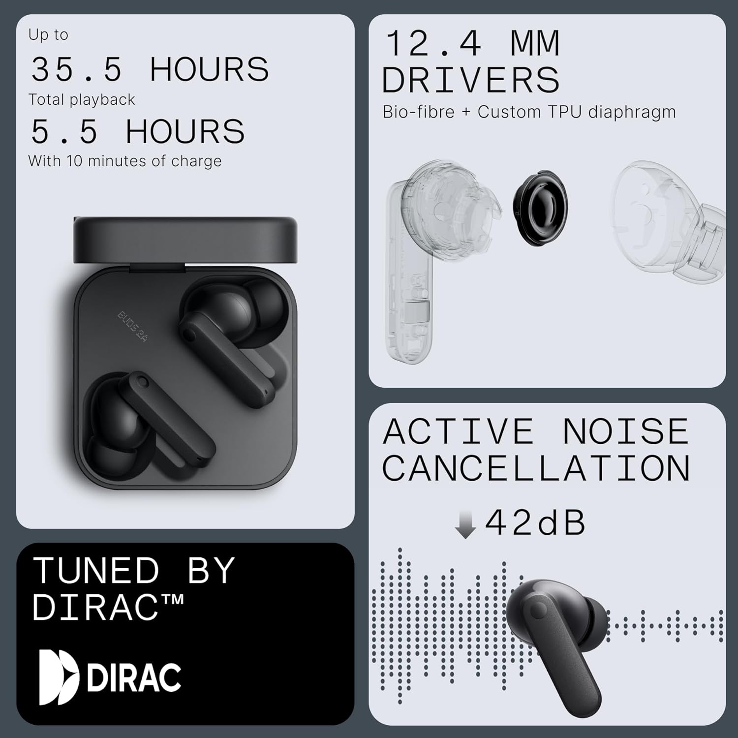 CMF Buds 2a Wireless Earbuds 2025 New Active Noise Cancelling 42dB Hybrid ANC Bluetooth Headphones, 12.4mm Dynamic Driver for Big Bass, 4 Mic Clear Calls, Sport Ear Buds for iPhone, Android, Dark Grey - Image 4