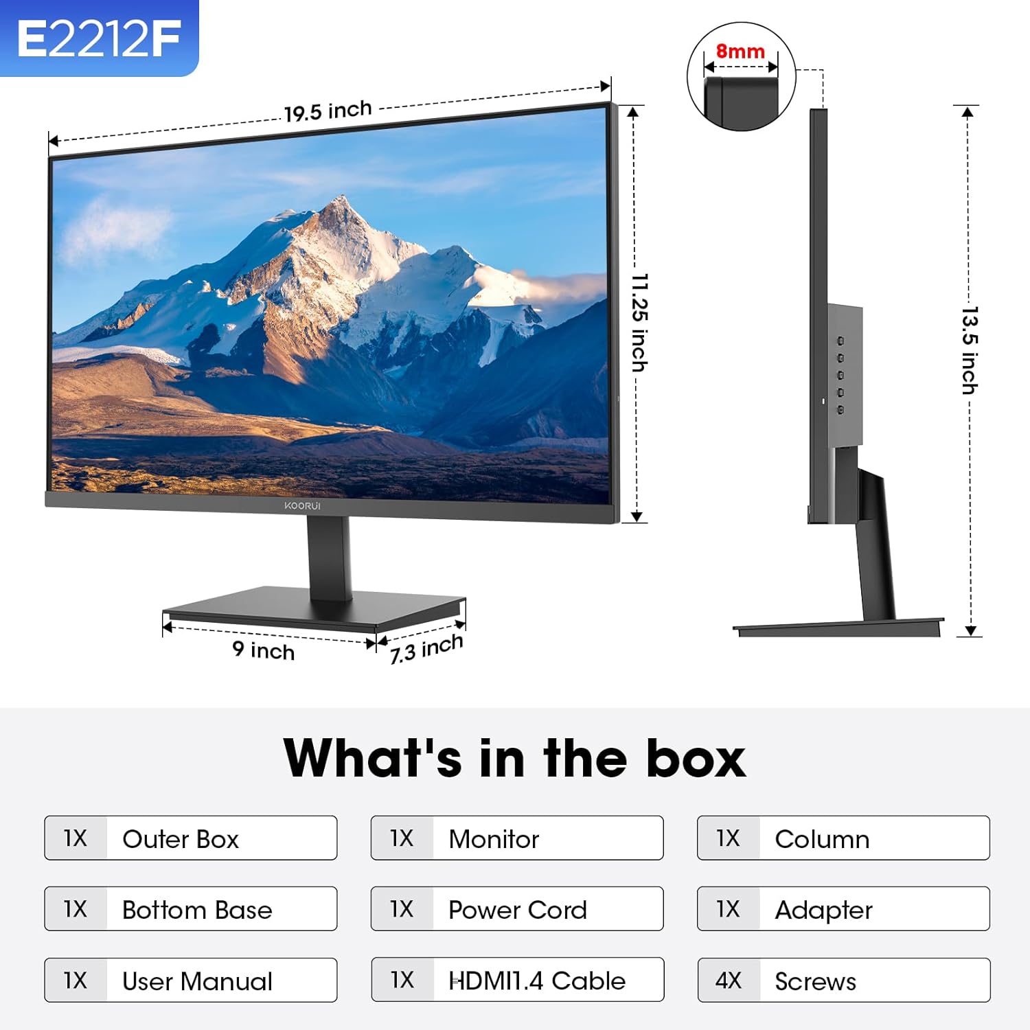 KOORUI 22 Inch Computer Monitor Full HD 1080P 100Hz PC Gaming Screen VA Panel Ultra-Slim Display 3000:1 Contrast Ratio with Adpitive Sync (HDMI/VGA/VESA Compatible 100x100mm/Audio Out), Tilt, Black - Image 12