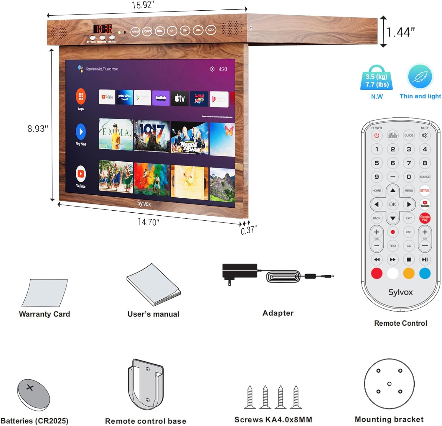 SYLVOX 15.6" Under Cabinet Smart TV – 360° Rotation, 90° Flip-Down Screen, Wireless Connectivity, Space-Saving Design for Kitchen, Bedroom, or RV. (Wood Grain Color) - Image 4