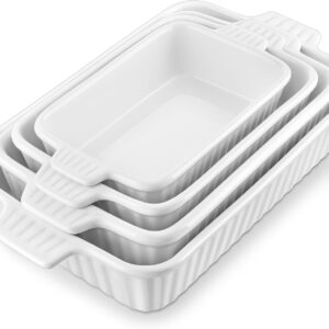 MALACASA Casserole Dishes for Oven, Porcelain Baking Dishes, Ceramic Bakeware Sets of 4, Rectangular Lasagna Pans Deep with Handles for Baking Cake Kitchen, White (9.4″/11.1″/12.2″/14.7″), Series