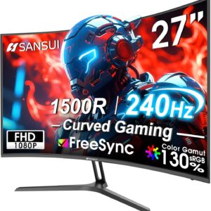 SANSUI 27 Inch Curved 240Hz Gaming Monitor FHD 1080P, 1500R Curve Computer Monitor Fast VA, 130% sRGB, 4000:1, HDR, FreeSync, MPRT 1Ms, Low Blue Light, HDMI DP Ports, Metal Stand, DP Cable Incl.