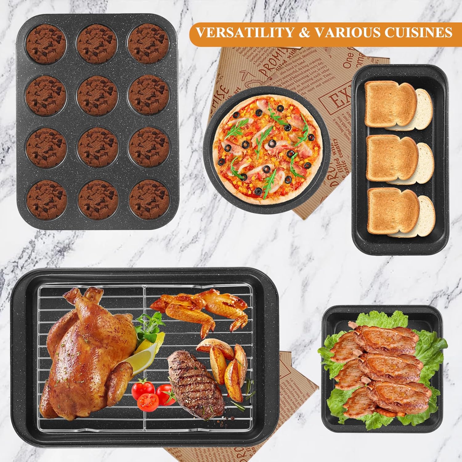 6 Pieces Baking Pans Set, Nonstick Bakeware Sets, Baking Supplies Includes Cake Pan 9 Inch Round, Muffin Pan, Square Baking Pan, Loaf Pan, Roaster Pan and Wire Rack - Image 4