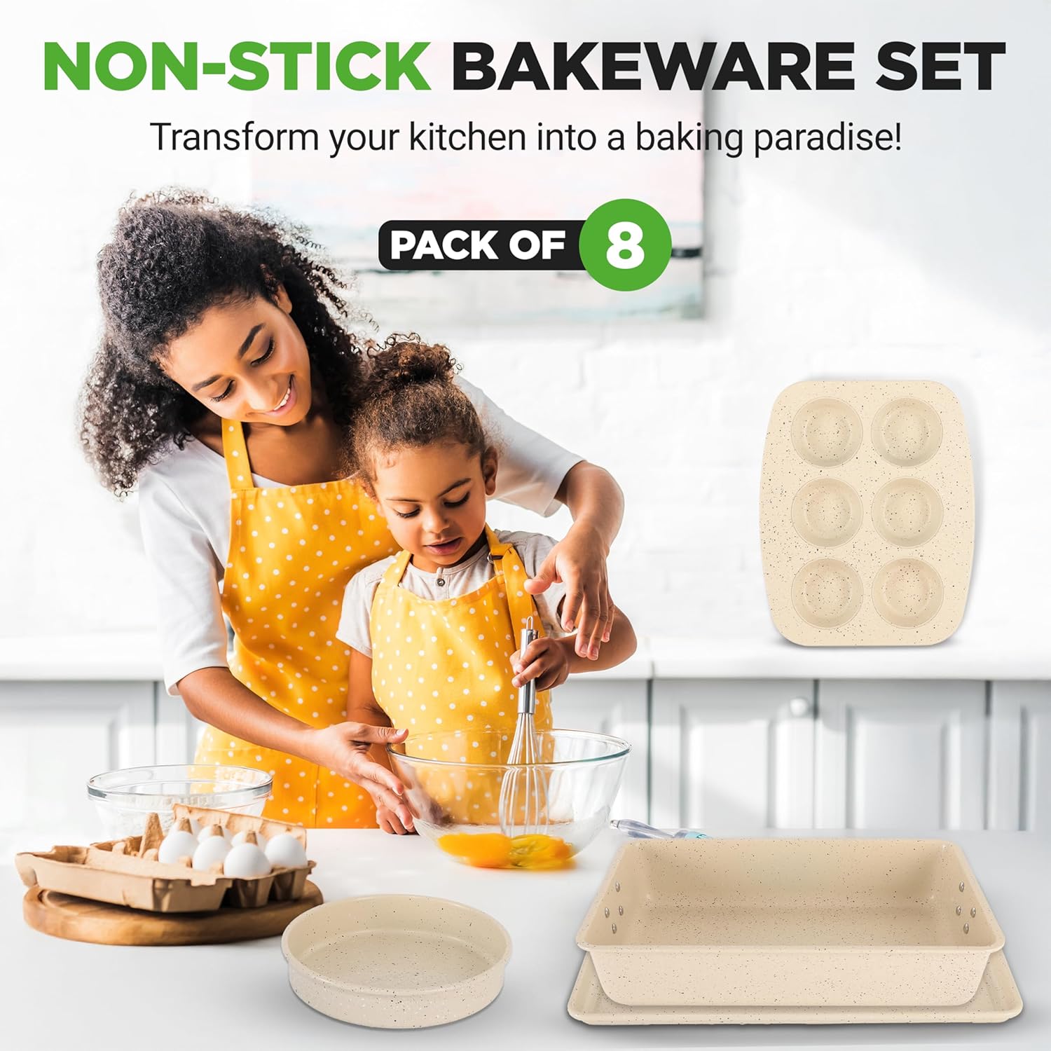 NutriChef 8-Piece Stackable Bakeware Set | Carbon Steel Non-Stick Baking Pan Set | Includes Sheet, Muffin, Round, Loaf, Square Cake & Deep Pans | No PFOA & PFOS | Oven Safe to 450 F (Marble Cream) - Image 2