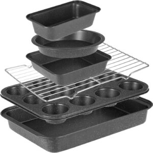6 Pieces Baking Pans Set, Nonstick Bakeware Sets, Baking Supplies Includes Cake Pan 9 Inch Round, Muffin Pan, Square Baking Pan, Loaf Pan, Roaster Pan and Wire Rack