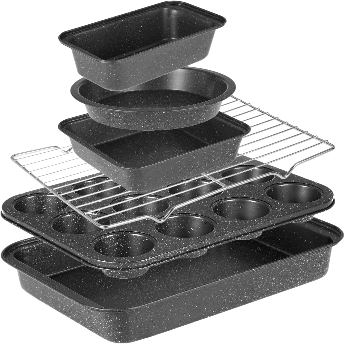 6 Pieces Baking Pans Set, Nonstick Bakeware Sets, Baking Supplies Includes Cake Pan 9 Inch Round, Muffin Pan, Square Baking Pan, Loaf Pan, Roaster Pan and Wire Rack