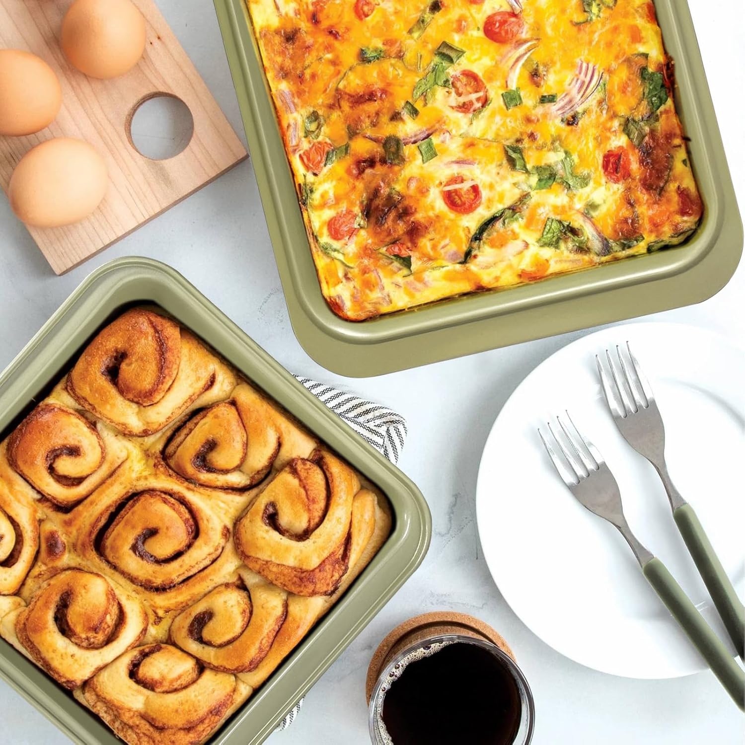 Nonstick Bakeware Set 10 Pcs, Professional Kitchen Bicolor Baking Pans Set with Cookie Sheets, Muffin Pan, Loaf Pan, Cake Pan and Cooling Rack, Dishwasher Safe, 0.8mm Thick, Heavy Duty - Image 8