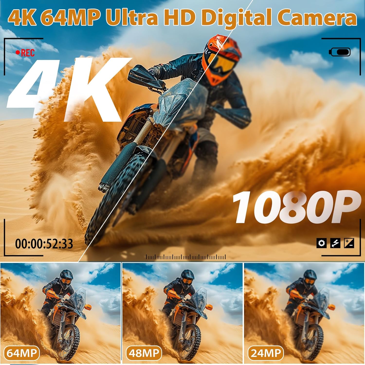 Cameras for Photography, 4K 64MP Digital Vlogging Camera for YouTube with 3" 180° Flip Screen, Compact WiFi Camera with 18X Digital Zoom, 32GB Micro SD Card & 2 Batteries - Image 2