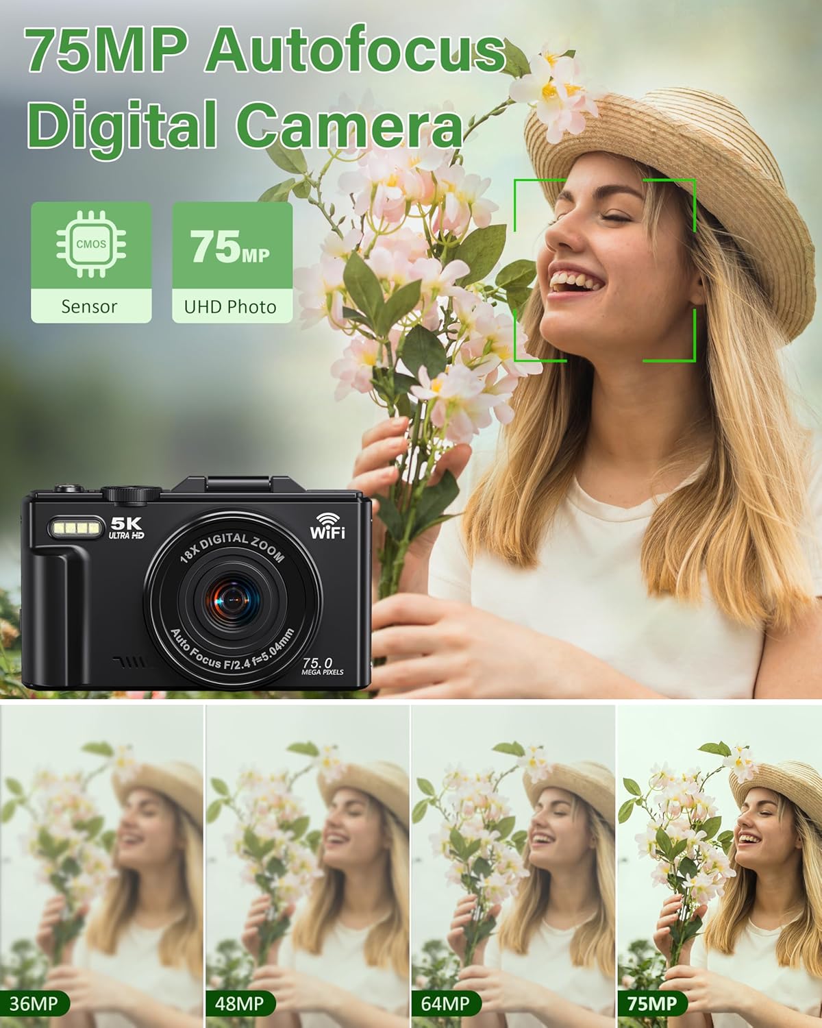 5K Digital Camera for Photography, 75MP WiFi Vlogging Camera for YouTube with 3" 180° Flip Screen, 18X Zoom UHD Autofocus Video Camara with 32GB SD Card, 2 Batteries - Image 2
