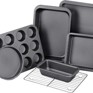 KITESSENSU Baking Pans Sets, Nonstick Bakeware Sets 7-Piece with Round/Square Cake Pan, Loaf Pan, Muffin Pan, Cookie Sheet, Roast Pan, Cooling Rack, Carbon Steel Bake Set