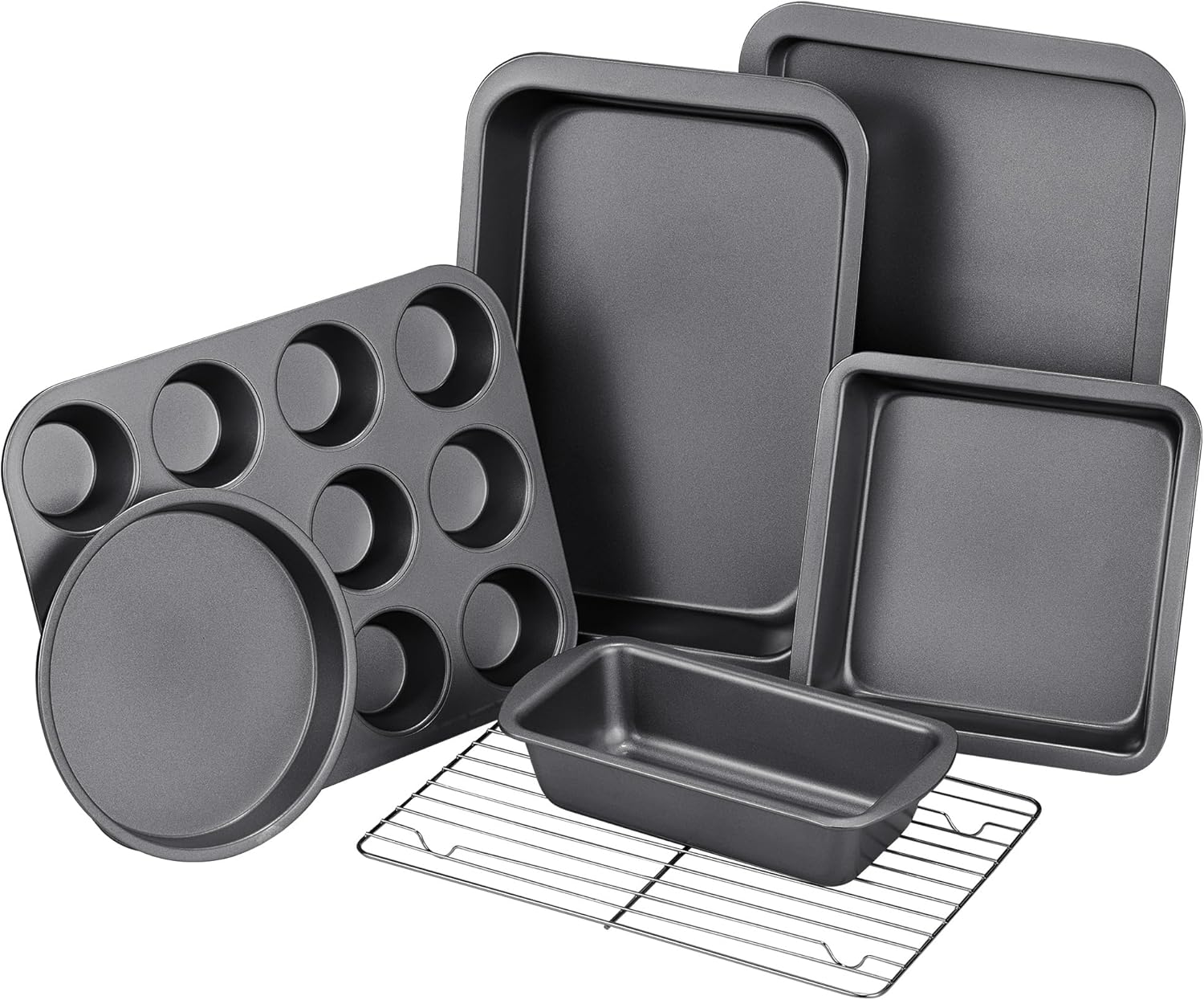 KITESSENSU Baking Pans Sets, Nonstick Bakeware Sets 7-Piece with Round/Square Cake Pan, Loaf Pan, Muffin Pan, Cookie Sheet, Roast Pan, Cooling Rack, Carbon Steel Bake Set