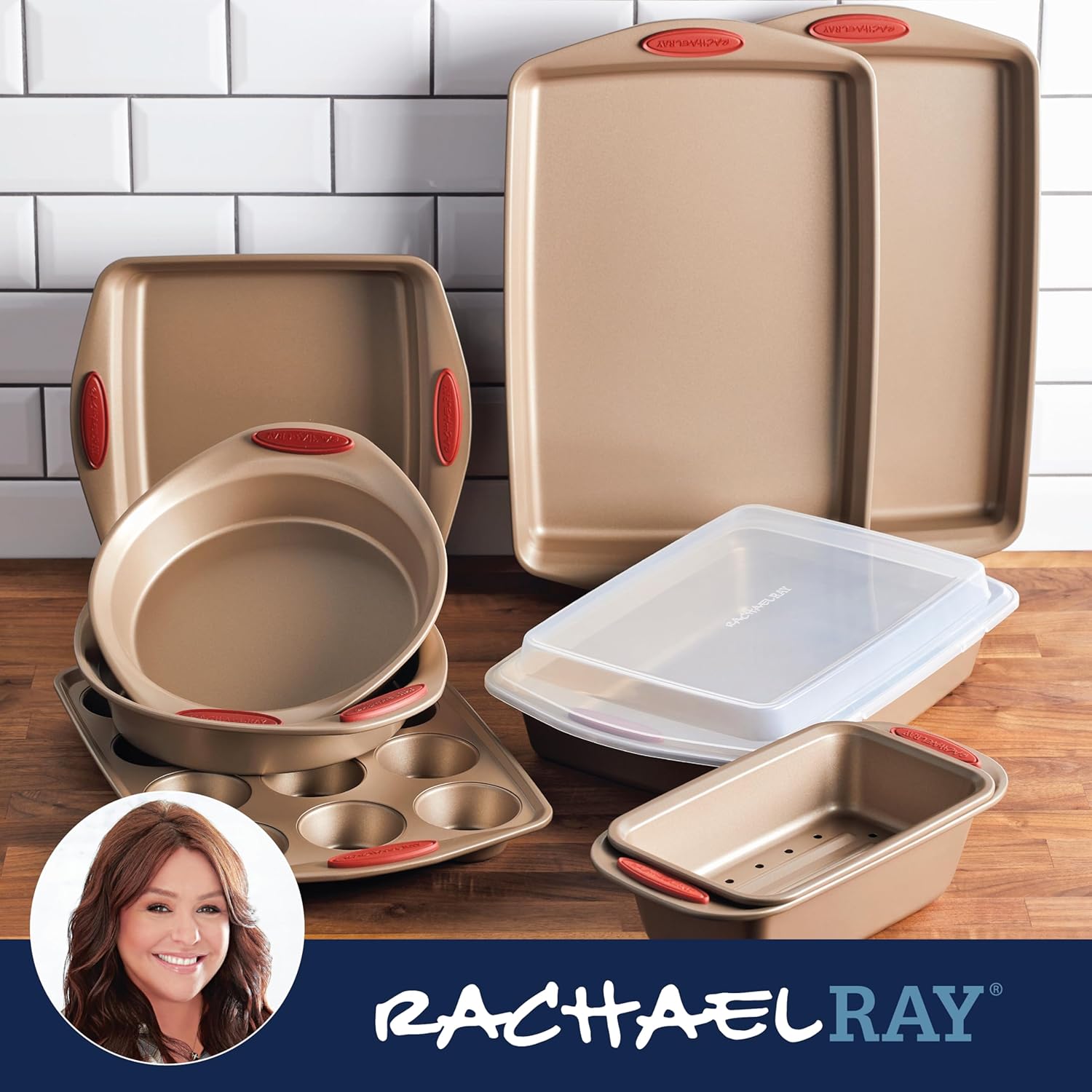Rachael Ray Cucina Nonstick Bakeware Set Baking Cookie Sheets Cake Muffin Bread Pan, 10 Piece, Latte Brown with Cranberry Red Grips - Image 8