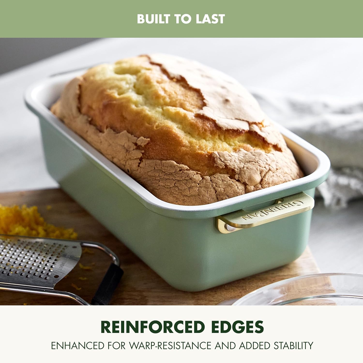 GreenPan Bakeware Set, 7 Piece Nonstick Ceramic Gold Handle Baking Sheets, Cake Pans, Loaf Pan, Muffin Tin, Cooling Rack, PFAS & BPA Free, Freezer to Oven Dish, Bake & Roast Ovenware, Sage Green - Image 6