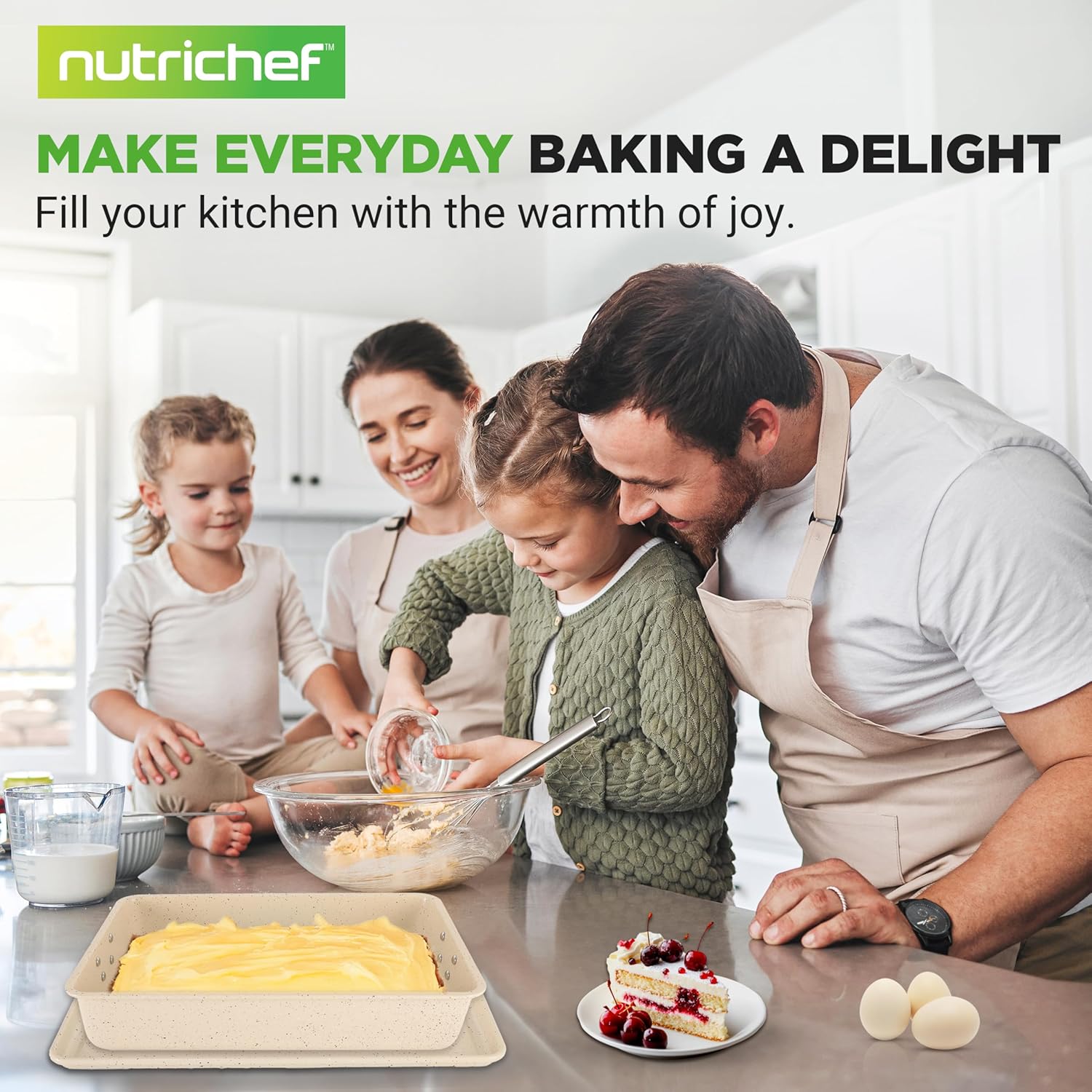 NutriChef 8-Piece Stackable Bakeware Set | Carbon Steel Non-Stick Baking Pan Set | Includes Sheet, Muffin, Round, Loaf, Square Cake & Deep Pans | No PFOA & PFOS | Oven Safe to 450 F (Marble Cream) - Image 7