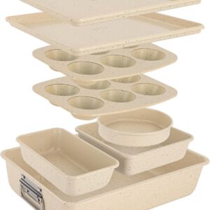NutriChef 8-Piece Stackable Bakeware Set | Carbon Steel Non-Stick Baking Pan Set | Includes Sheet, Muffin, Round, Loaf, Square Cake & Deep Pans | No PFOA & PFOS | Oven Safe to 450 F (Marble Cream)