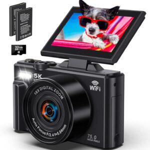 5K Digital Camera for Photography – WiFi 75MP Vlogging Cameras for YouTube – UHD Autofocus Video Camera 3″ 180° Flip Screen with 18X Zoom – Compact Vlog Travel Camara with 32GB SD Card, 2 Batteries