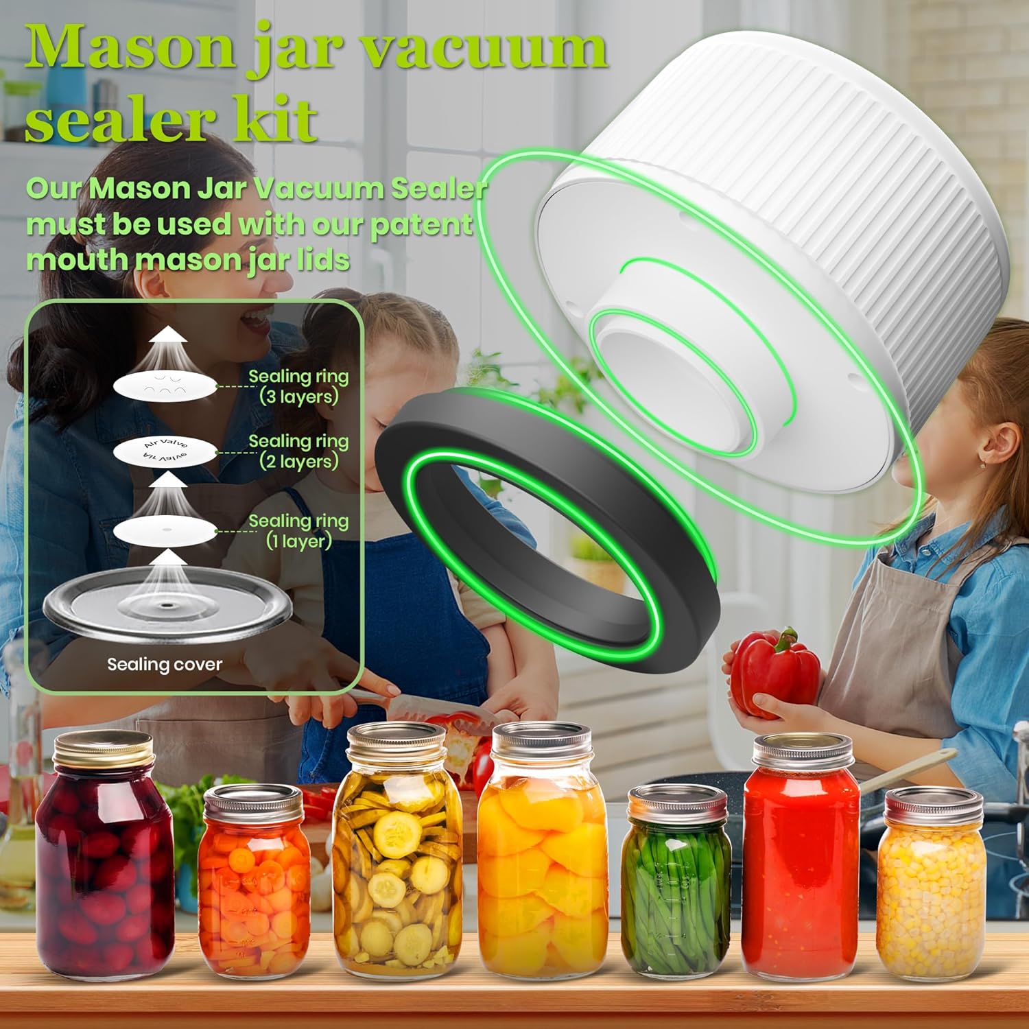 Mason Jar Vacuum Sealer Kit,Auto Stop jar vacuum sealer for mason jars,Portable kitchen Food Storage and Canning,Includes 20 Jar Lids,with Led Screen - Image 4