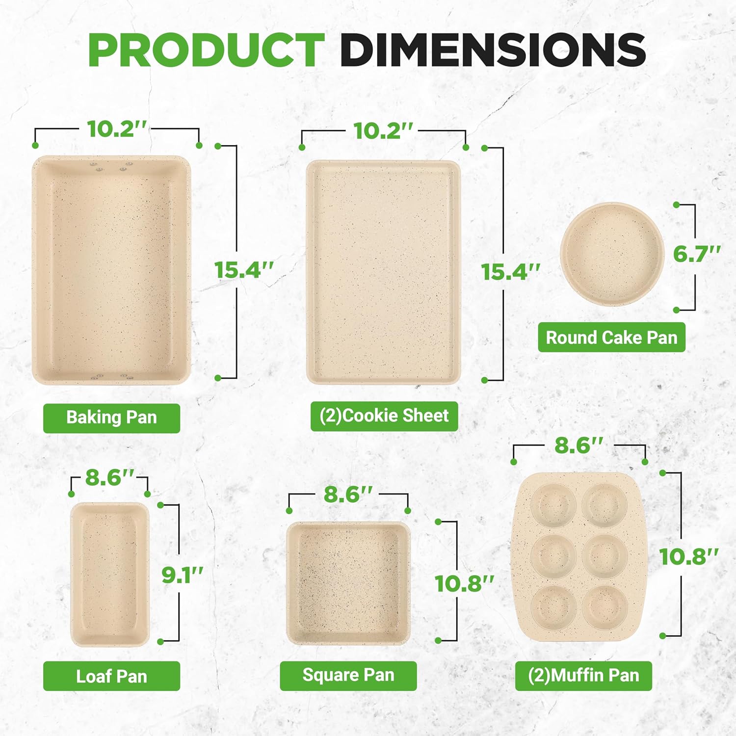 NutriChef 8-Piece Stackable Bakeware Set | Carbon Steel Non-Stick Baking Pan Set | Includes Sheet, Muffin, Round, Loaf, Square Cake & Deep Pans | No PFOA & PFOS | Oven Safe to 450 F (Marble Cream) - Image 6