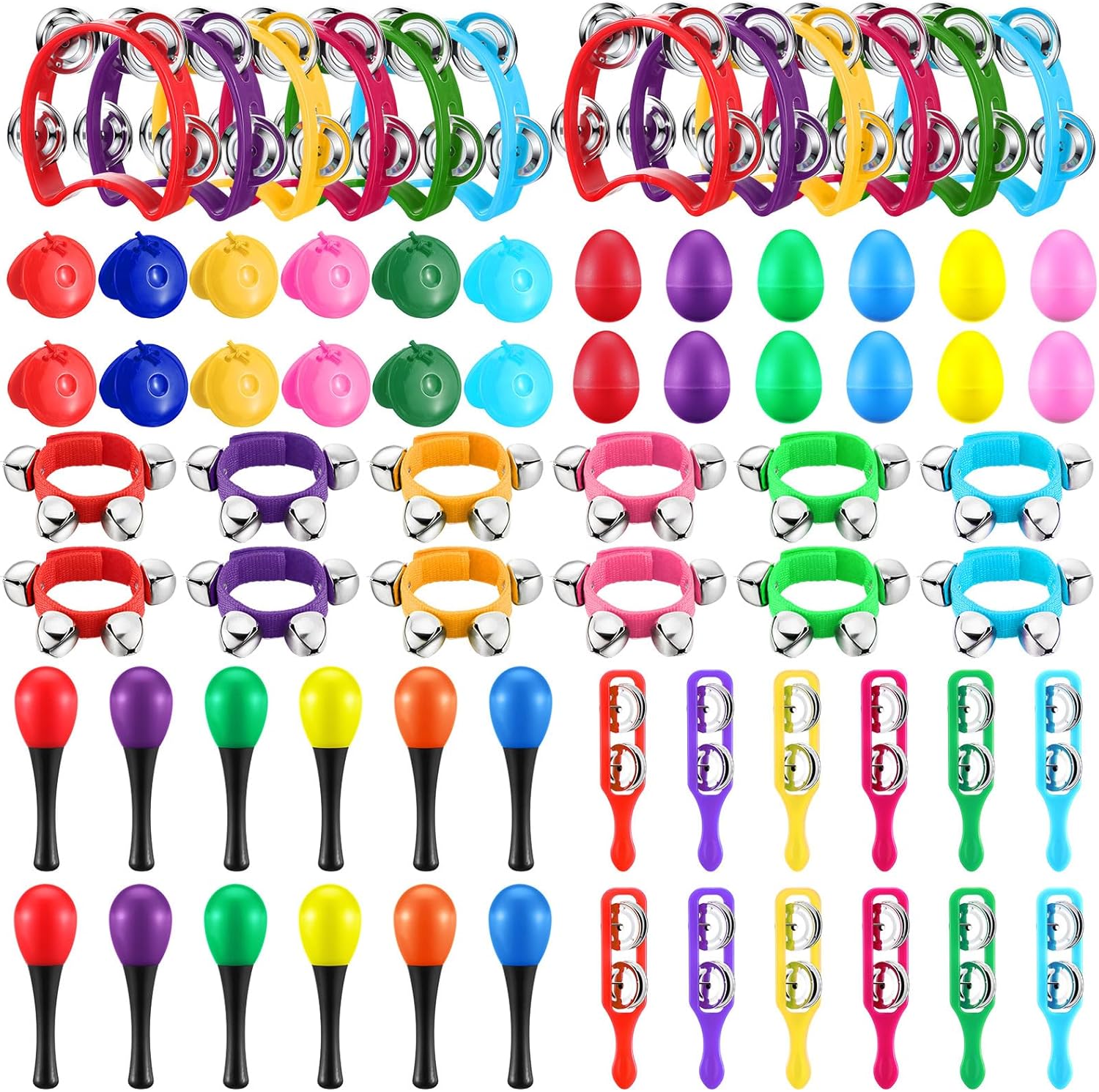 72 Pcs Shaker Musical Instruments for Kids Egg Shaker Wrist Hand Band Bells Maracas Percussion Tambourine Cymbals Plastic Castanets for Preschool Early Music Learning Toy
