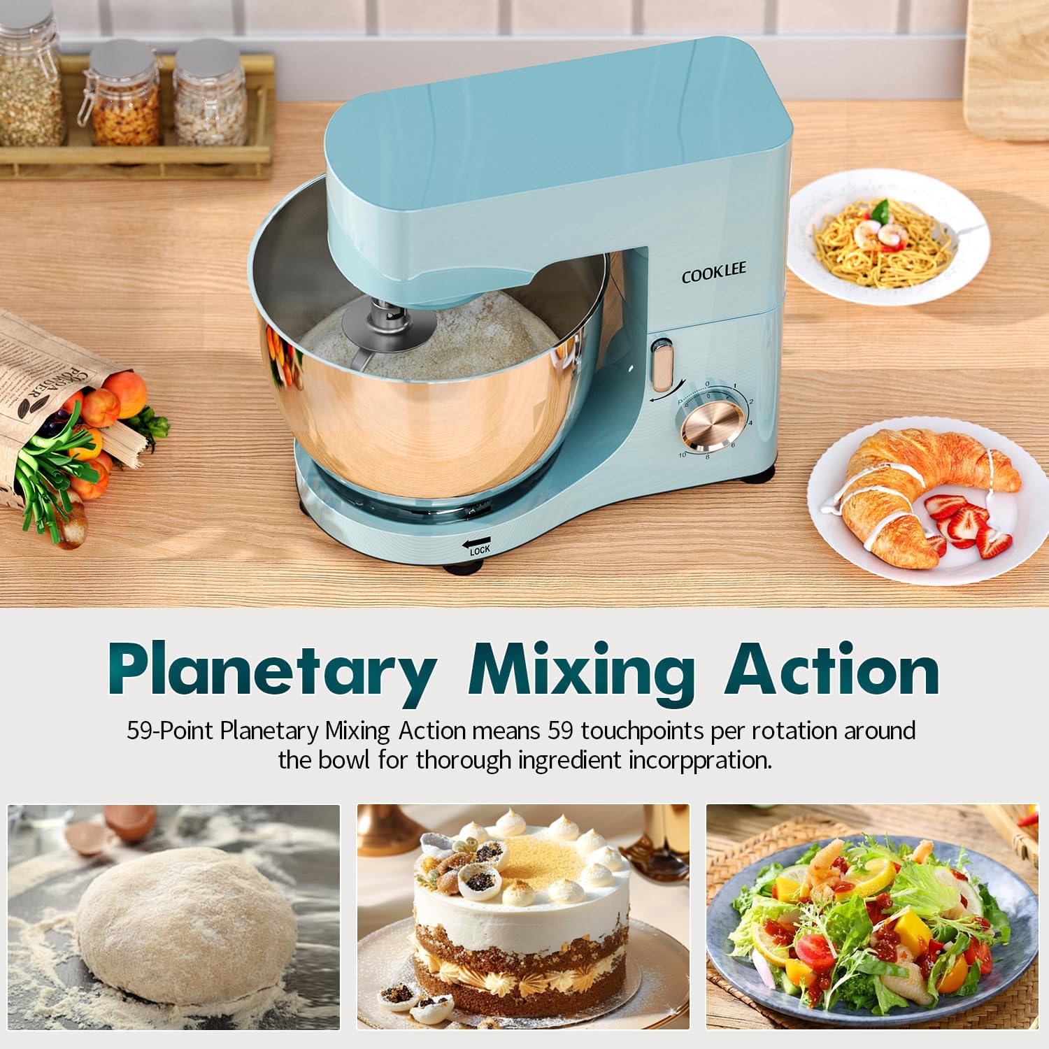 COOKLEE Stand Mixer, 9.5 Qt. 660W 10-Speed Electric Kitchen Mixer with Dishwasher-Safe Dough Hooks, Flat Beaters, Wire Whip & Pouring Shield Attachments for Most Home Cooks, Blue - Image 4