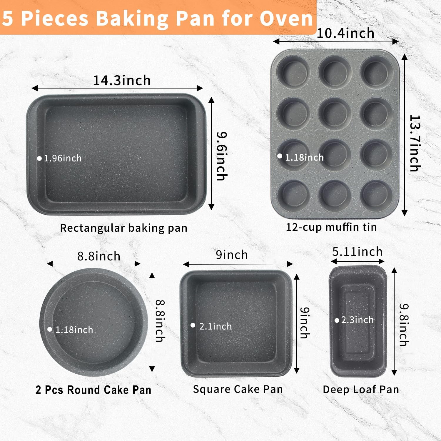 Non Stick Baking Pans Set, Bakeware Sets Stackable for Kitchen with Wider Grips, Oven Safe, Sprinkles Gray, 6 Piece Baking Set with Marble Coating, Round/Square/Muffin Cake Pan - Image 5