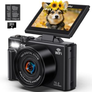5K Digital Camera – WiFi 75MP Cameras for Photography – UHD Vlogging Camera for YouTube with 3″ 180° Flip Screen – Autofocus Compact Video Travel Camara with 18X Zoom, 32GB SD Card, 2 Batteries