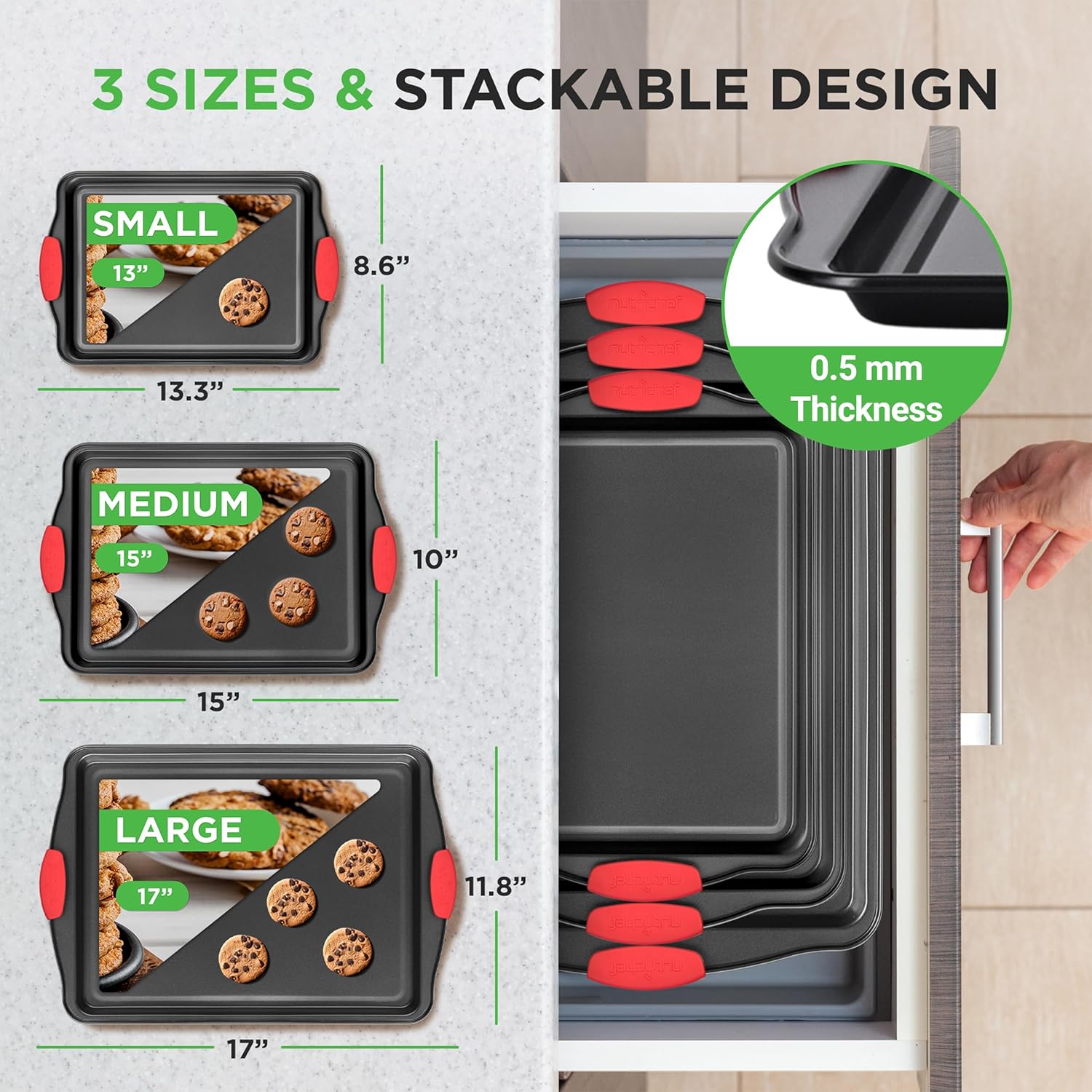 NutriChef 3-Piece Nonstick Kitchen Oven Baking Pans - Premium & Stylish Non-Stick Steel, Commercial Grade Restaurant Quality Metal Bakeware with Red Silicone Handles - Easy to Clean, NCSBS3S - Image 2