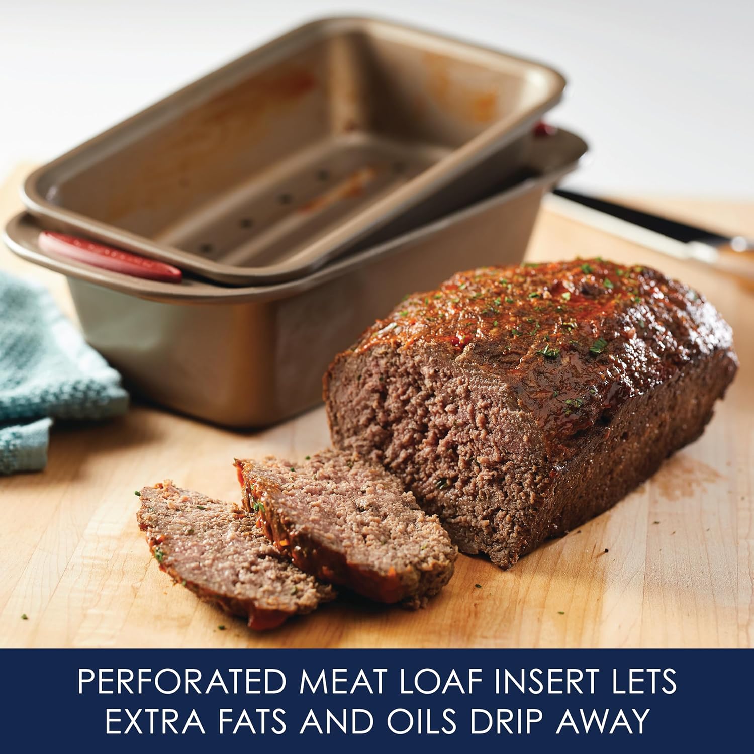 Rachael Ray Cucina Nonstick Bakeware Set Baking Cookie Sheets Cake Muffin Bread Pan, 10 Piece, Latte Brown with Cranberry Red Grips - Image 6