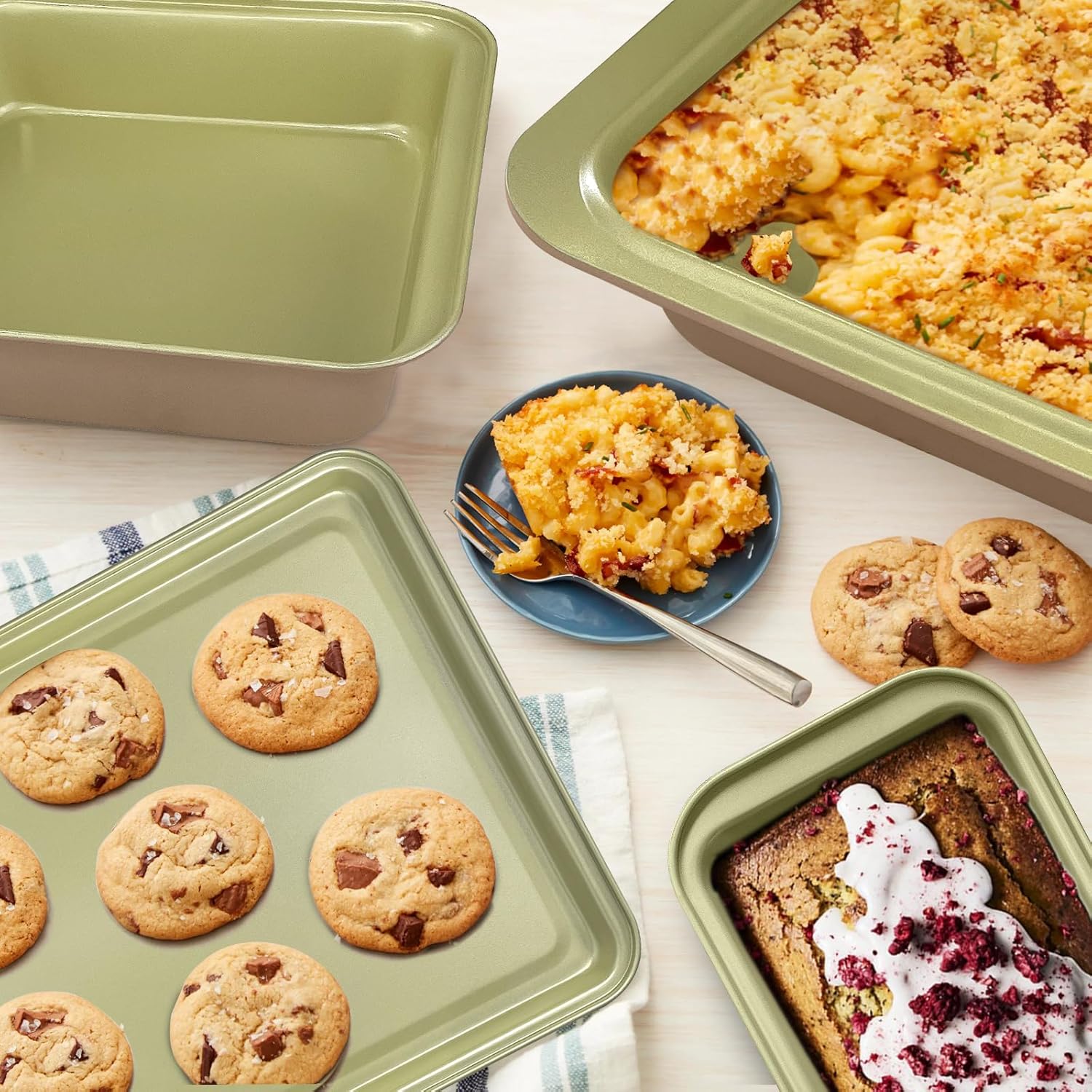 Nonstick Bakeware Set 10 Pcs, Professional Kitchen Bicolor Baking Pans Set with Cookie Sheets, Muffin Pan, Loaf Pan, Cake Pan and Cooling Rack, Dishwasher Safe, 0.8mm Thick, Heavy Duty - Image 5