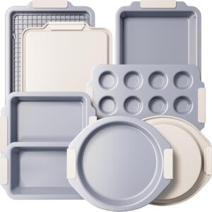 BRONYPRO Nonstick Ceramic Bakeware Set (9 Pieces),Heavy Duty Aluminized Steel Bakeware-Baking Pans Set with Silicone Handles,Includes Sheet Pans,Loaf Pan,Muffin pan,Cake pans,PTFE & PFOA Free – White