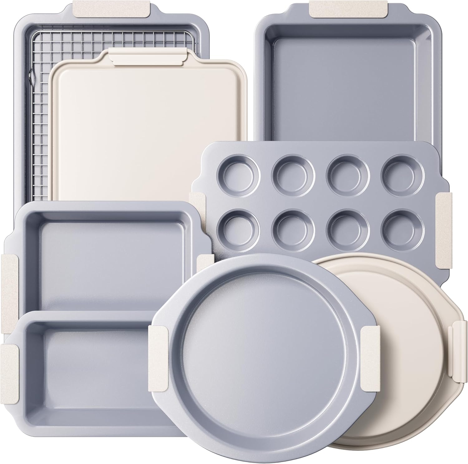 BRONYPRO Nonstick Ceramic Bakeware Set (9 Pieces),Heavy Duty Aluminized Steel Bakeware-Baking Pans Set with Silicone Handles,Includes Sheet Pans,Loaf Pan,Muffin pan,Cake pans,PTFE & PFOA Free - White