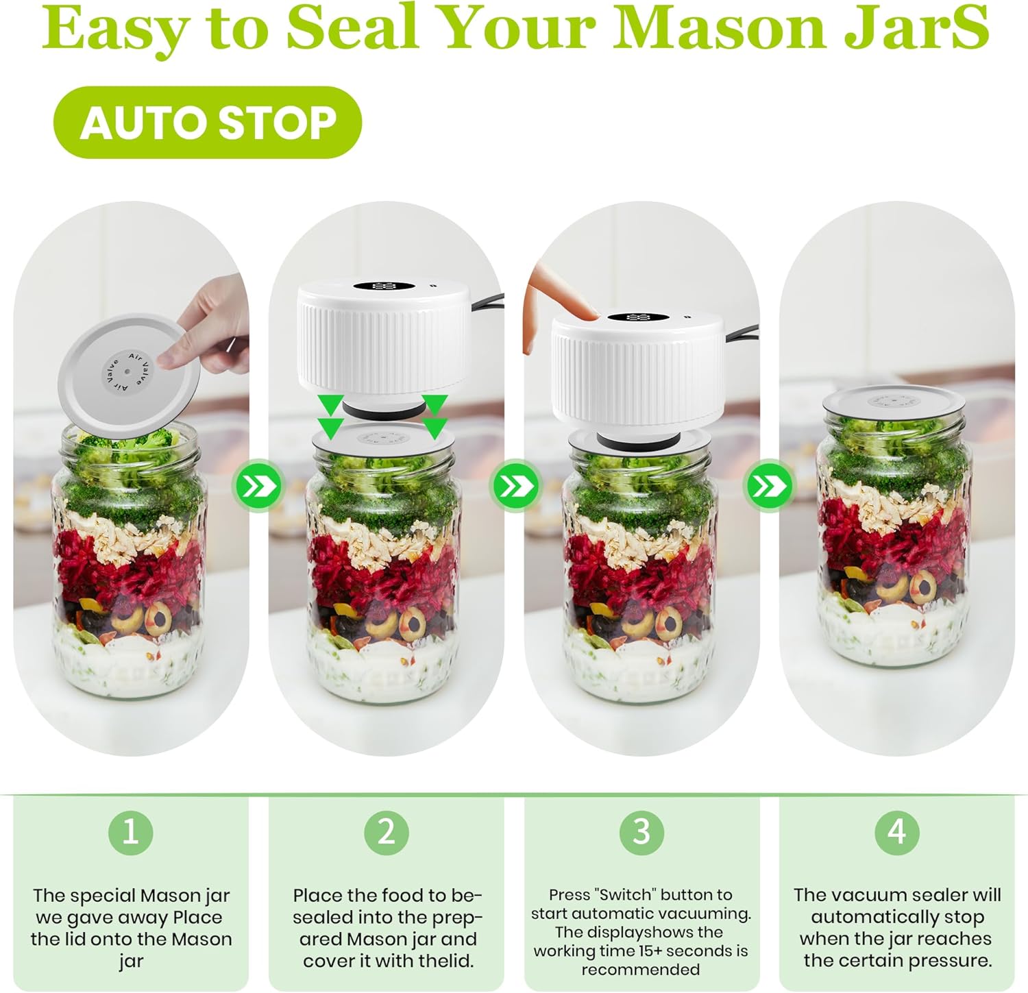 Mason Jar Vacuum Sealer Kit,Auto Stop jar vacuum sealer for mason jars,Portable kitchen Food Storage and Canning,Includes 20 Jar Lids,with Led Screen - Image 5