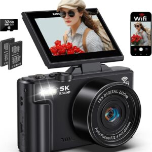 5K Digital Camera for Photography, 75MP WiFi Vlogging Camera for YouTube with 3″ 180° Flip Screen, 18X Zoom UHD Autofocus Video Camara with 32GB SD Card, 2 Batteries