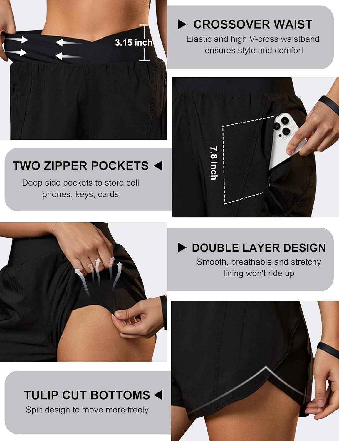 Blooming Jelly Women's Workout Shorts Athletic Running Shorts Crossover High Waisted Gym Shorts with Zipper Pockets - Image 4