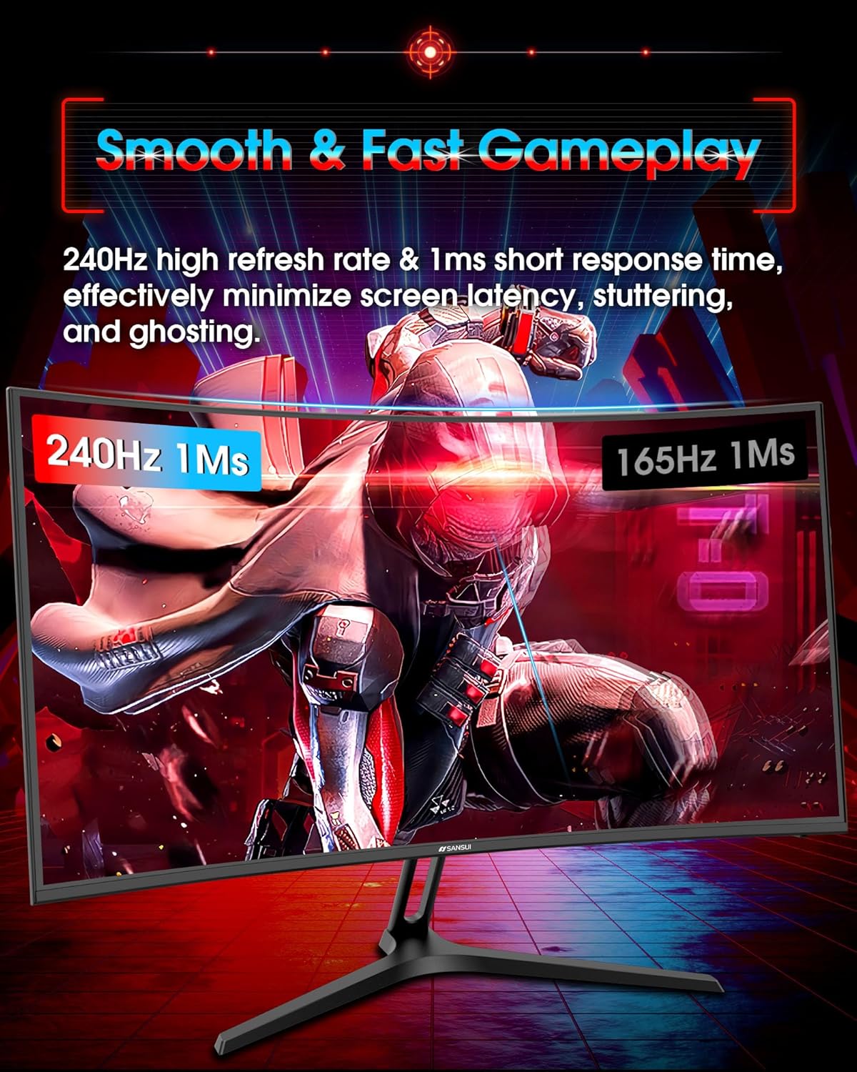 SANSUI 27 Inch Curved 240Hz Gaming Monitor FHD 1080P, 1500R Curve Computer Monitor Fast VA, 130% sRGB, 4000:1, HDR, FreeSync, MPRT 1Ms, Low Blue Light, HDMI DP Ports, Metal Stand, DP Cable Incl. - Image 4