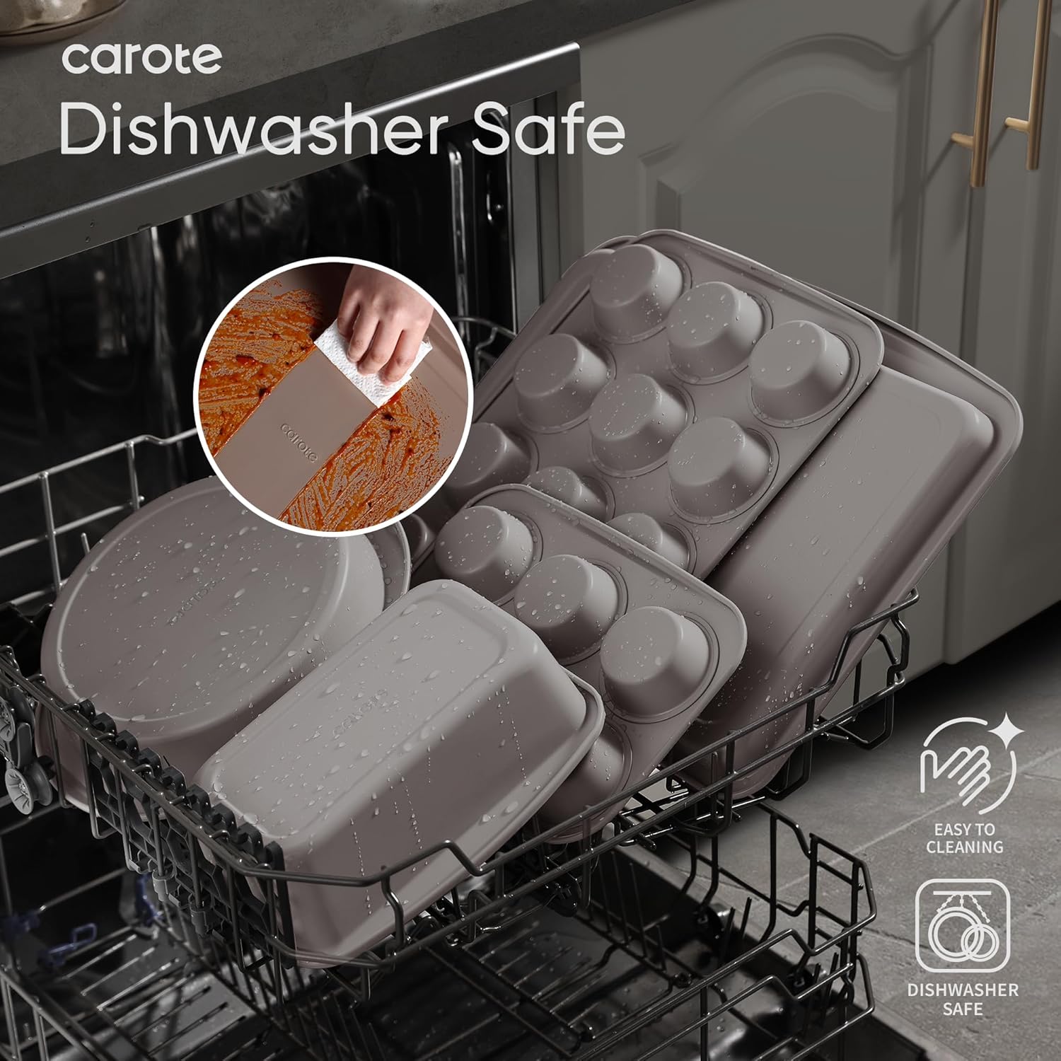 CAROTE 9-Piece Nonstick Stackable Baking Pans Set - Bakeware Sets Including Cookie Sheets, Muffin Pan, Bread Pan, Cake Pan, Loaf Pan, Roasting Pan, Gray & Khaki - Image 5