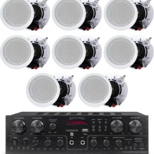 Home Theater System Kit with 1000 Watts 4-Chanel Bluetooth Receiver & 8 Qty 6.5″ 200 Watts in-Wall in-Ceiling Speakers of 2-Way Stereo Sound with Woofer/Tweeter, Flush Design by Technical Pro