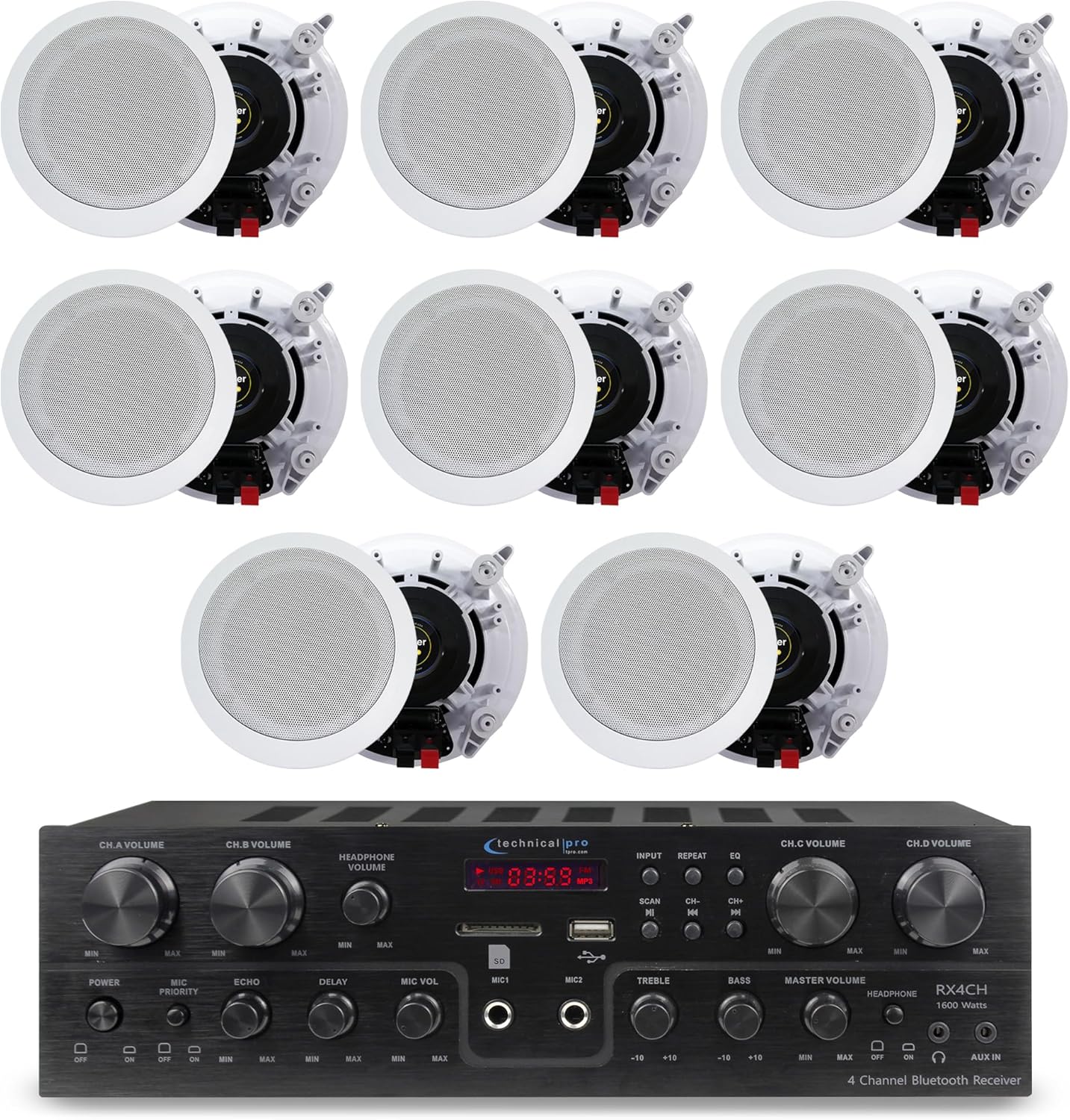 Home Theater System Kit with 1000 Watts 4-Chanel Bluetooth Receiver & 8 Qty 6.5" 200 Watts in-Wall in-Ceiling Speakers of 2-Way Stereo Sound with Woofer/Tweeter, Flush Design by Technical Pro