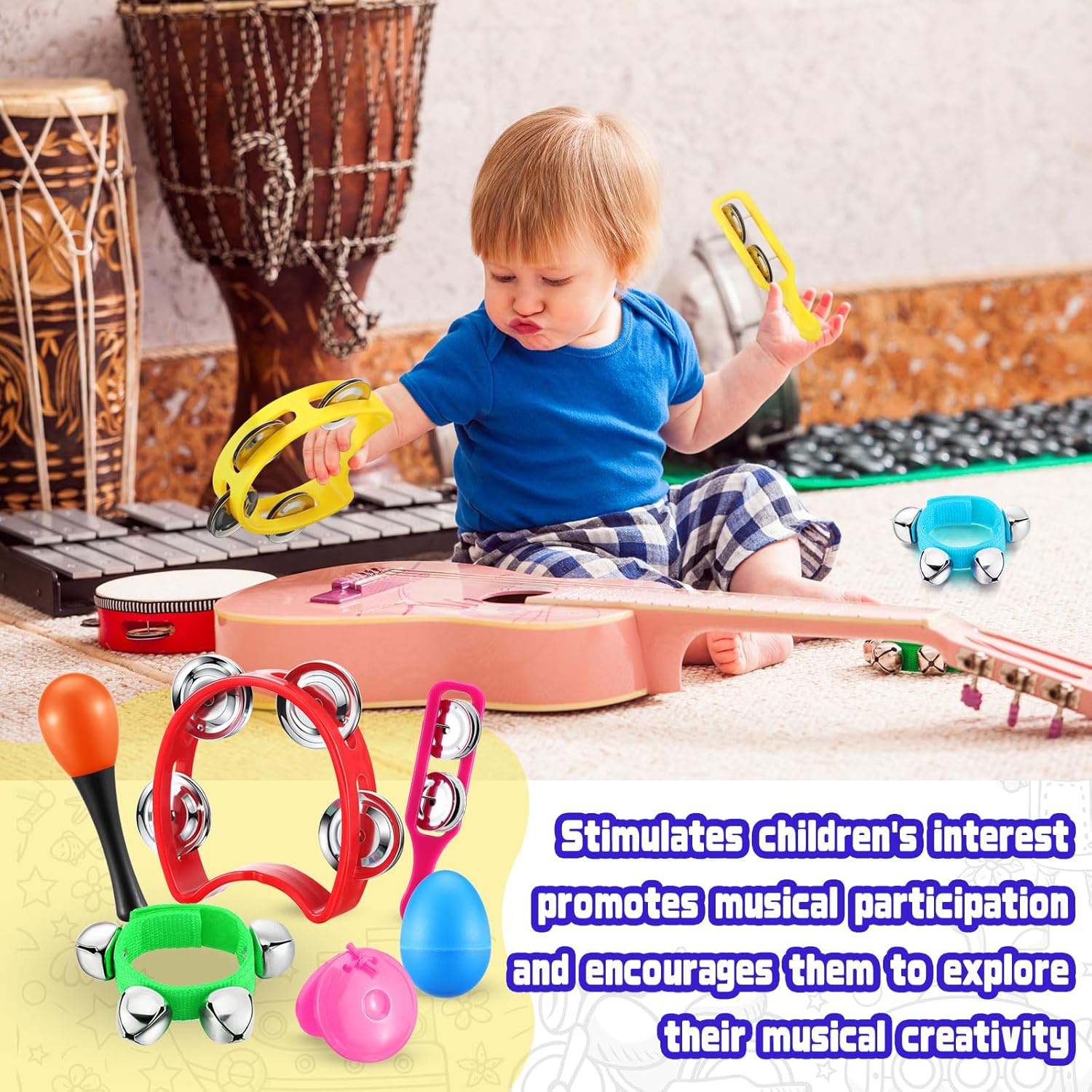 72 Pcs Shaker Musical Instruments for Kids Egg Shaker Wrist Hand Band Bells Maracas Percussion Tambourine Cymbals Plastic Castanets for Preschool Early Music Learning Toy - Image 6