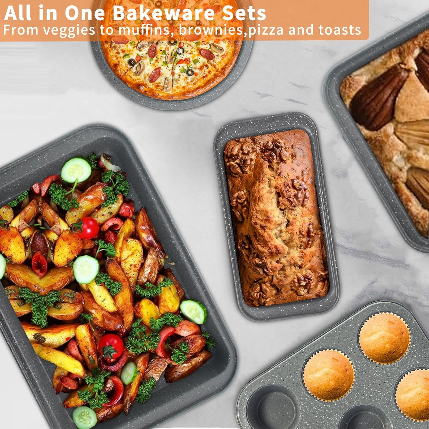 Non Stick Baking Pans Set, Bakeware Sets Stackable for Kitchen with Wider Grips, Oven Safe, Sprinkles Gray, 6 Piece Baking Set with Marble Coating, Round/Square/Muffin Cake Pan - Image 2