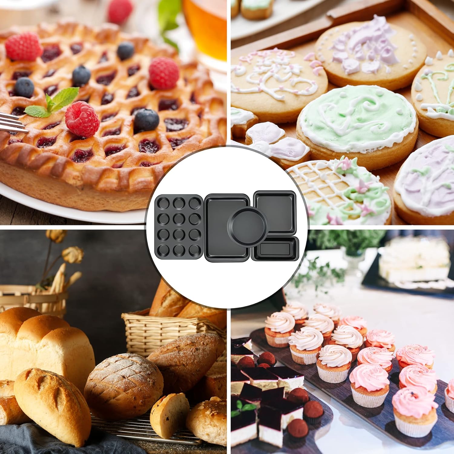 Kitchen 5-Piece Nonstick Bakeware Set - Round/Square Cake Pans, Muffin Pan, Loaf Pan, Roast Pan & Baking Sheets - Image 3