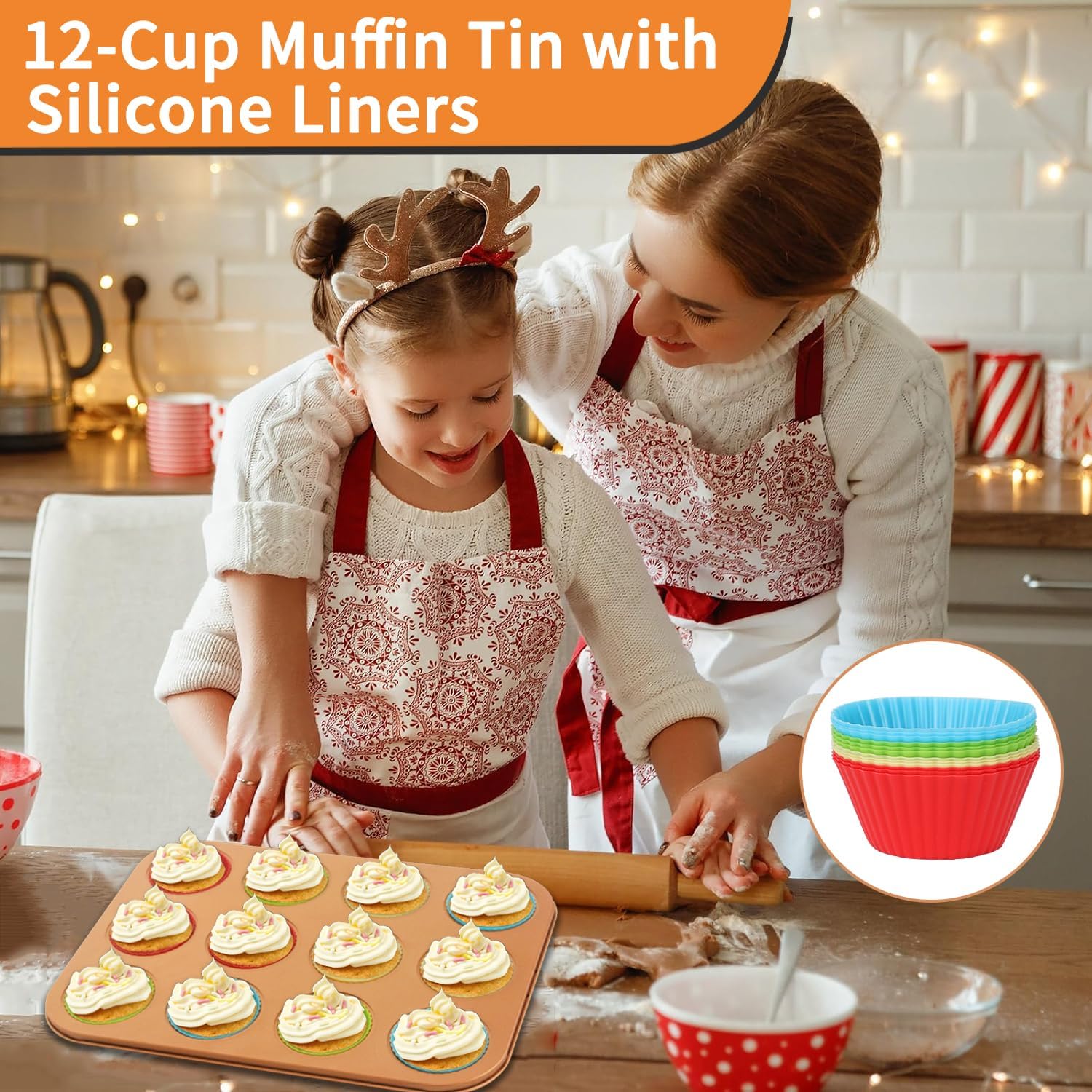 Baking Pans Set 6-Pieces, Non Stick Bakeware Set Stackable, with Cookie Sheet, Muffin, Round/Square Cake Pan, Loaf Pan, Rack, Oven Mitt for Home Baker, Gold - Image 5